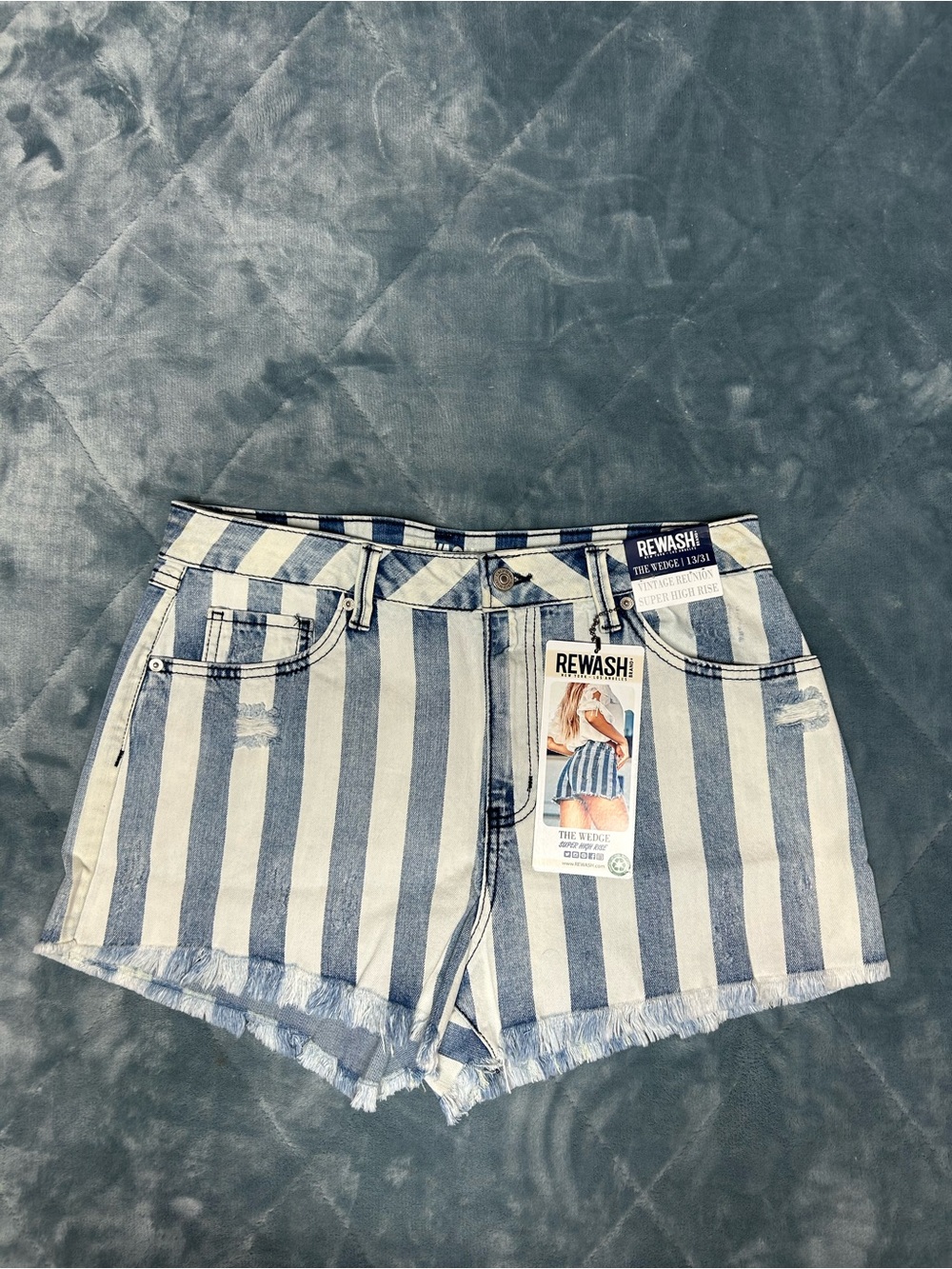 Denim stripe short shorts fringe hem pockets distressed cotton size 13